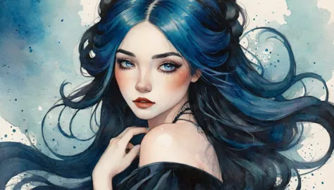 a watercolor painting of a woman with long black hair and a black dress, girl with blue hair, style of charlie bowater, jen bart...