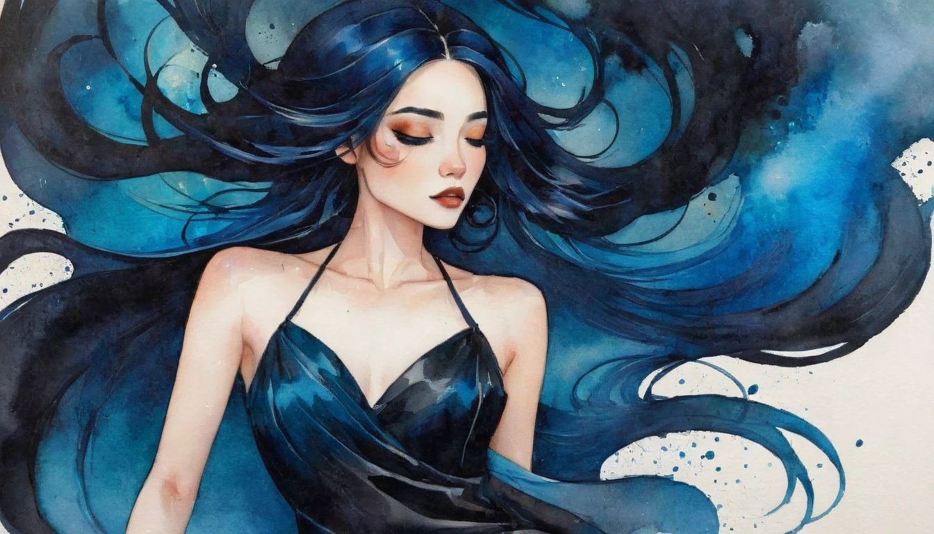 a watercolor painting of a woman with long black hair and a black dress, girl with blue hair, style of charlie bowater, jen bartel, in style of charlie bowater, woman with black hair, in style of anna dittmann, charlie bowater rich deep colors, inspired by Jeremiah Ketner, inspired by Harumi Hironaka