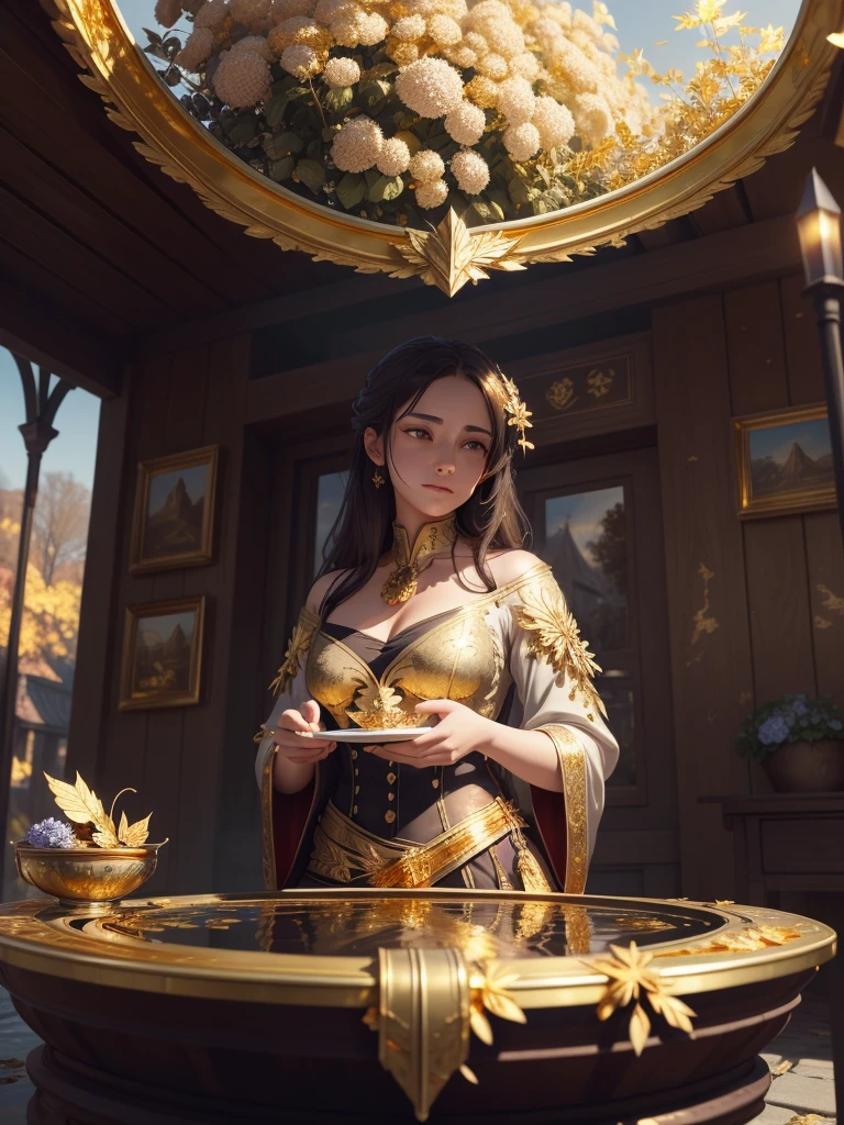 傑作, 最好的品質, 高品質, 非常詳細 CG 8k wallpaper unit, 風景, 戶外的, 設立, 中世紀小酒館, 秋天的天空, 秋天的黃昏, 秋冬, 陰天, 大月亮照耀著, 獲獎攝影, 景深, 高動態範圍, 花朵, 噴泉, 繡球花, 逼真的, 非常詳細, 錯綜複雜, 高細節, 戲劇性, 旅途中的藝術,  藝術站趨勢, CG社會趨勢, 色差. ((((金箔藝術))))