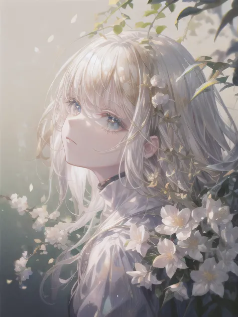 white hair，gold，leaf，flowers,brillant,Soft brushstrokes，Aesthetic，masterpiece