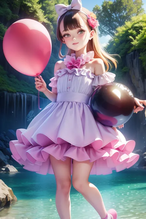 holding a ballon, full body, real photo, 11 years old girl, brat