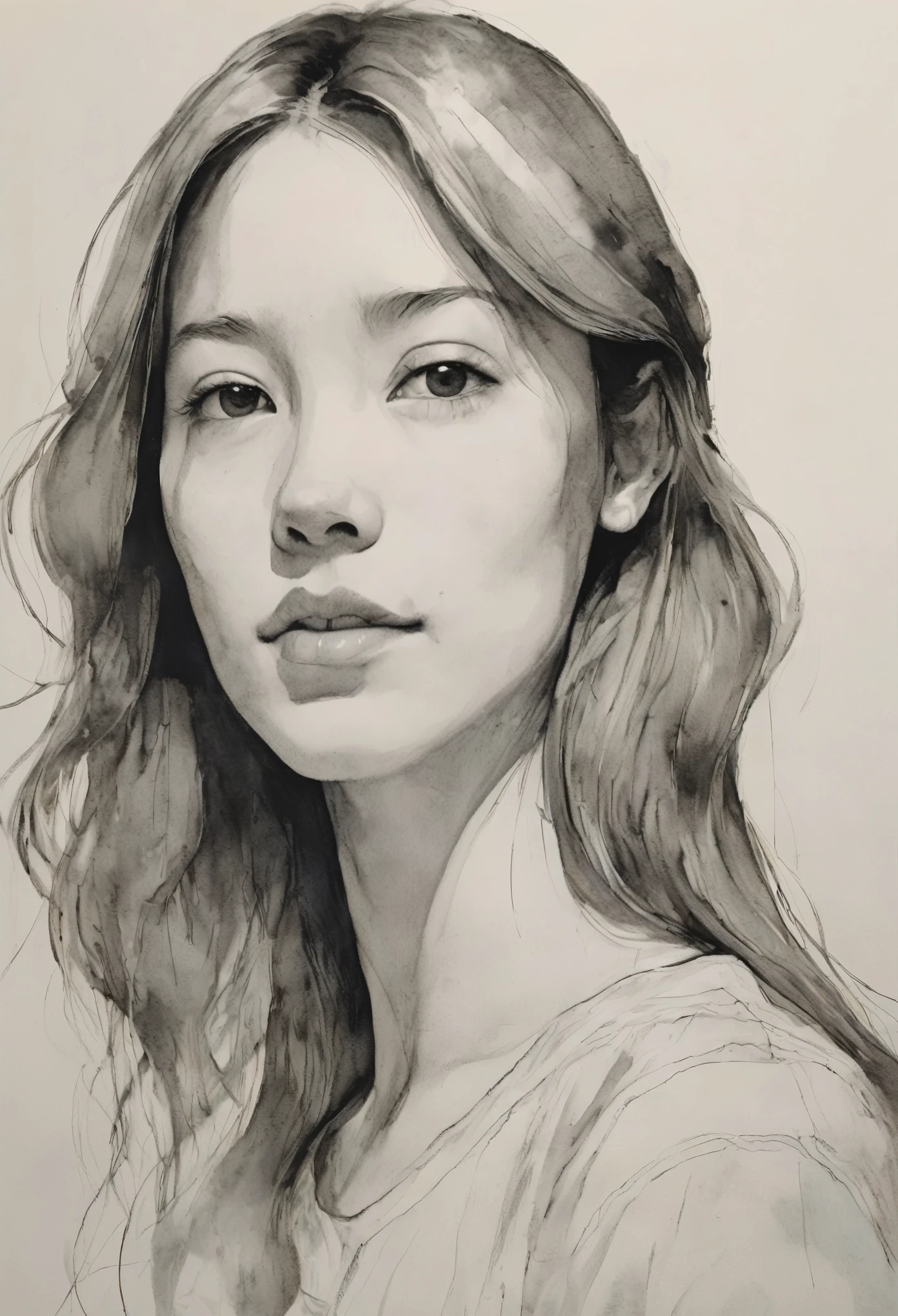 (highest quality, High resolution, masterpiece:1.2), Super detailed, actual:1.37, Black ink sketch, smooth lines, Expressive facial expressions and gestures, simple background, Emphasis on light and shadow and spatial perception, Plenty of negative space, young girl.Ink Portrait,smooth lines,Expressive facial features,Subtle emotions,Ink strength comparison,simple background,Emphasis on light and shadow,wide々It was,Plenty of negative space,peaceful atmosphere,peaceful atmosphere,feels like a dream,Delicate yet fascinating details,pastel colour,Calm and introspective,An elegant gesture,Gentle movements,Calm and innocent,Elegant Whisper,quiet and elegant,shining,sublime beauty,Vector illustration,black and white,Natural and Organic,Nourish、Calming the mind,Sublime simplicity,fantastic charm.