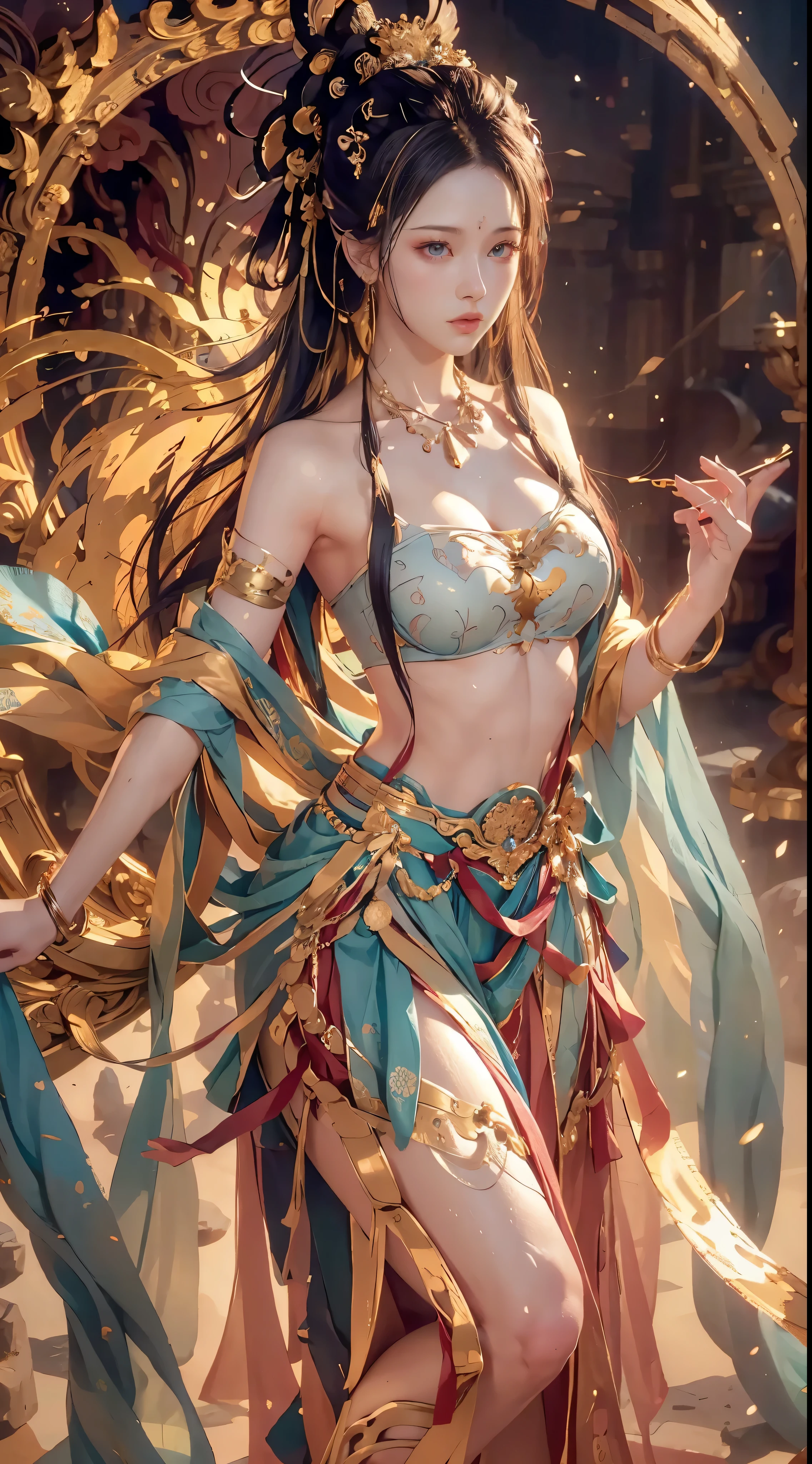 (full body shot:1.3),(raw photo, Best Quality), (realist, fotorrealist:1.3), Very detailed, ultra detailed, Small B cup bra，1 girl, Dynamic Angle, World Mastery Theater, disordered_long_hair, extremely detailed CG unity 8K Wallpaper, ink, Amazing, lenlare, dunhuang_style, (beautiful big breasts+imaginary), (8K Wallpaper:1.2+8K Wallpaper:1.1), (Art Style+artwork) perfect facial features, super realistic, illustration, Surrealism, cubism, Best Quality, masterpiece, Best Quality, High details