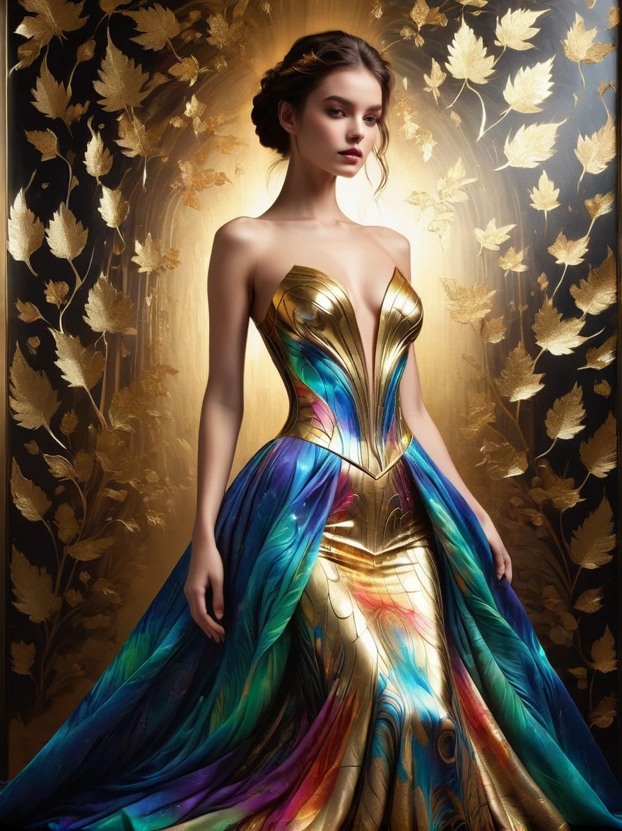 (Blattgold Kunst:1.5), Ein Foto von einem exquisiten Kleid，Sein Design ist von der Kunst des Glasblattgoldes mit leuchtenden Farben und reichen Mustern beeinflusst.，Dieses Kleid hat ein Spektrum von Goldfolie Glanz，Der Reichtum der Kathedralenfenster、Tiefer metallischer Goldfolienton，Diese kreative Fusion aus Mode und Kunst，Ein Kaleidoskop aus metallischen Goldfolienfarben, die über den Stoff fließen，Verleiht den Eindruck, als ob Metallbleche durch Goldfolie hindurch strahlen，Das Kleid wurde von einer anderen Gruppe von Models getragen，Jedes Modell unterstreicht die Schönheit und Einzigartigkeit des Kleides。