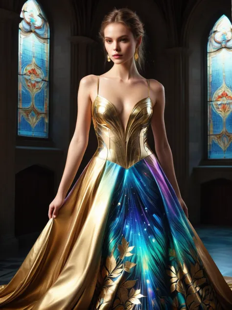 (Gold Leaf Art:1.5), A photo of an exquisite dress，Its design is influenced by the art of glass gold leaf with bright colors and...