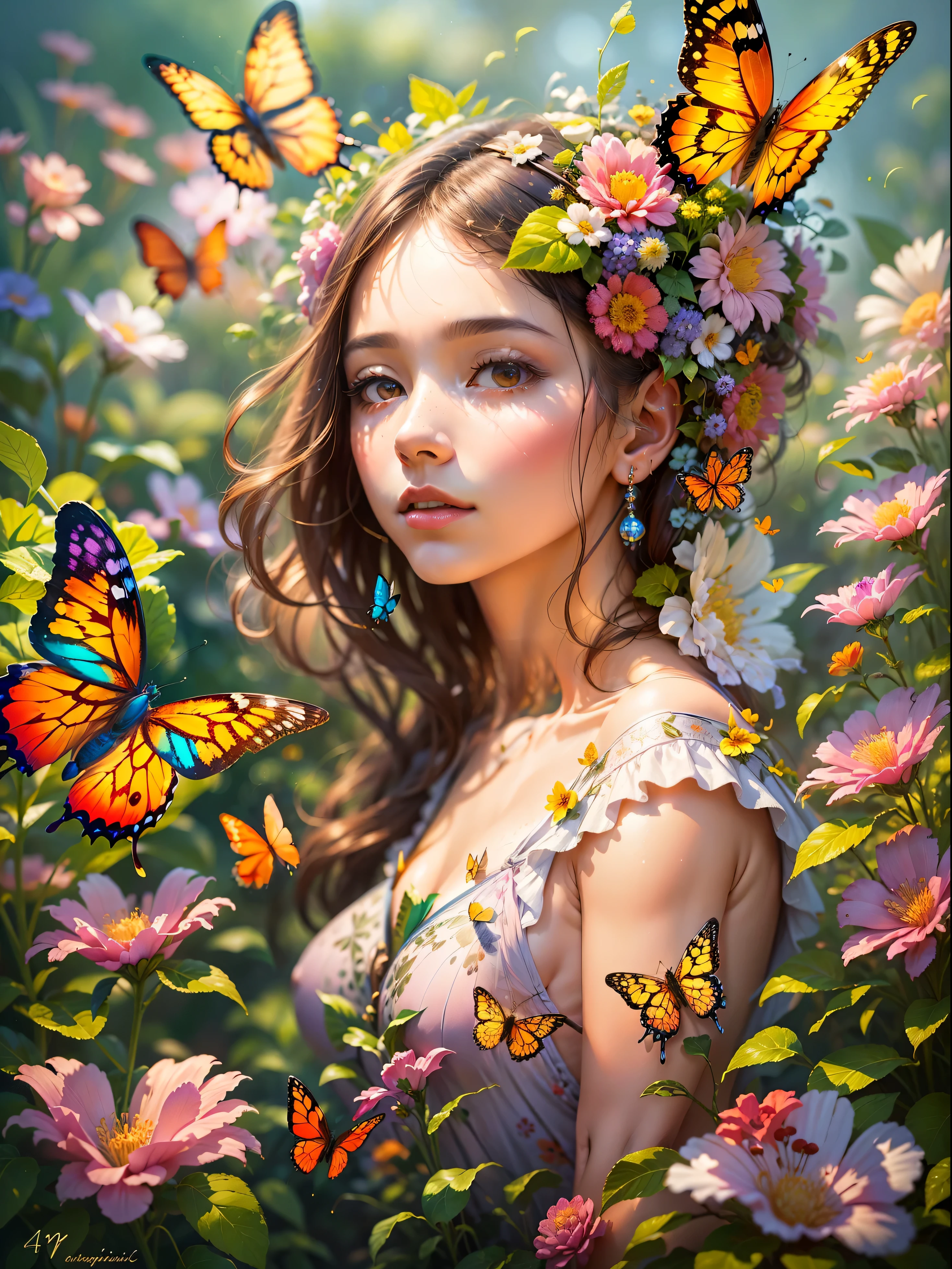 Chica con cabeza de mariposa, Rodeado de coloridos jardines, Colores suaves y relajantes, flores vibrantes, Las mariposas revolotean alrededor, suave luz del sol, fantastic atmosphere, Detailed and authentic features., pinceladas suaves, Oil painting medium, High quality and high resolution, Magical and surreal style., Escenas fascinantes e imaginativas., Happy and peaceful mood, Patrones intrincados en alas de mariposa, delicate petals and leaves, harmonious composition, Ethereal and charming atmosphere, girl with calm expression, Capture your audience&#39;s attention, evocar emociones、Una obra maestra que inspira la creatividad.. (La mejor calidad en el mejor de los casos., 4k, A high resolution, obra maestra:1.2), ultra-detallado, actual:1.37, pintado al oleo, color vivo, soft and smooth lighting, Lovely garden, mariposas magicas