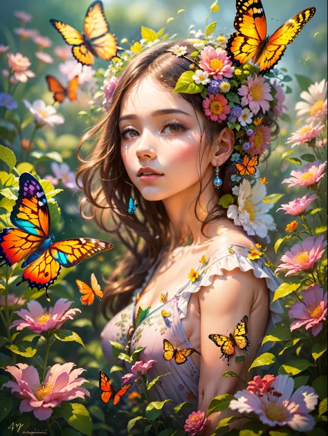 Chica con cabeza de mariposa, Rodeado de coloridos jardines, Colores suaves y relajantes, flores vibrantes, Las mariposas revolo...