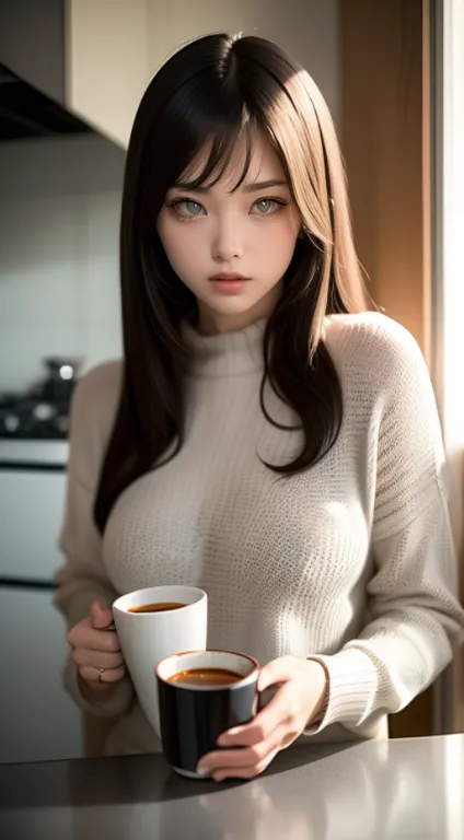 closeup, portrait, leannadecker, ((wearing sweater)), inside, portrait, kitchen, holding coffee mug, winter fire, eyes open, bes...