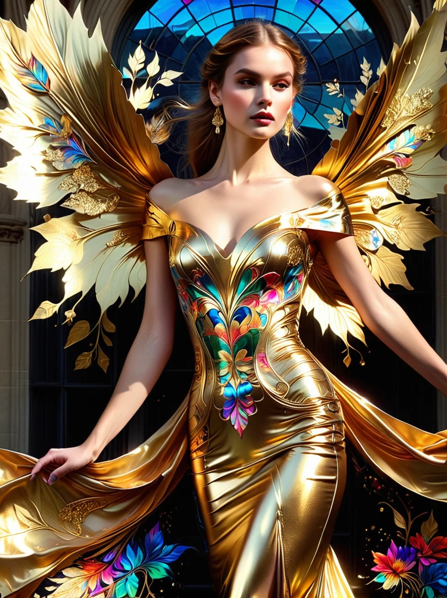 (Blattgold Kunst:1.5), Ein Foto von einem exquisiten Kleid，Sein Design ist von der Kunst des Glasblattgoldes mit leuchtenden Farben und reichen Mustern beeinflusst.，Dieses Kleid hat ein Spektrum von Goldfolie Glanz，Der Reichtum der Kathedralenfenster，Tiefer metallischer Goldfolienton，Diese kreative Fusion aus Mode und Kunst，Ein Kaleidoskop aus metallischen Goldfolienfarben, die über den Stoff fließen，Verleiht den Eindruck, als ob Metallbleche durch Goldfolie hindurch strahlen，Das Kleid wurde von einer anderen Gruppe von Models getragen，Jedes Modell unterstreicht die Schönheit und Einzigartigkeit des Kleides。