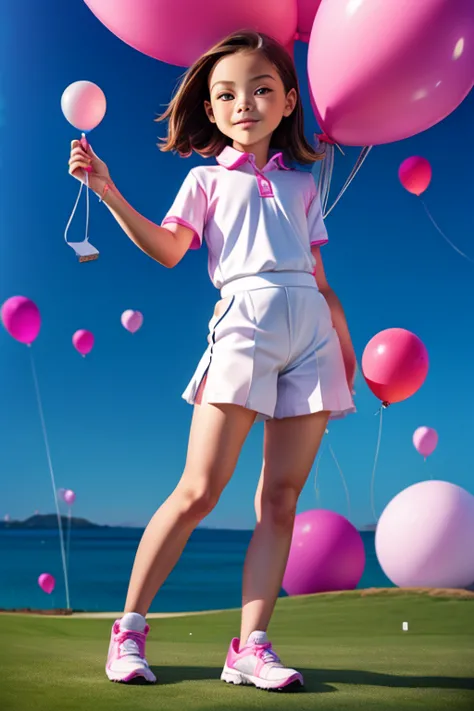 ((holding a ballon)), (((full body))), real photo, 9 years old girl, メスガキ, white golf wear,