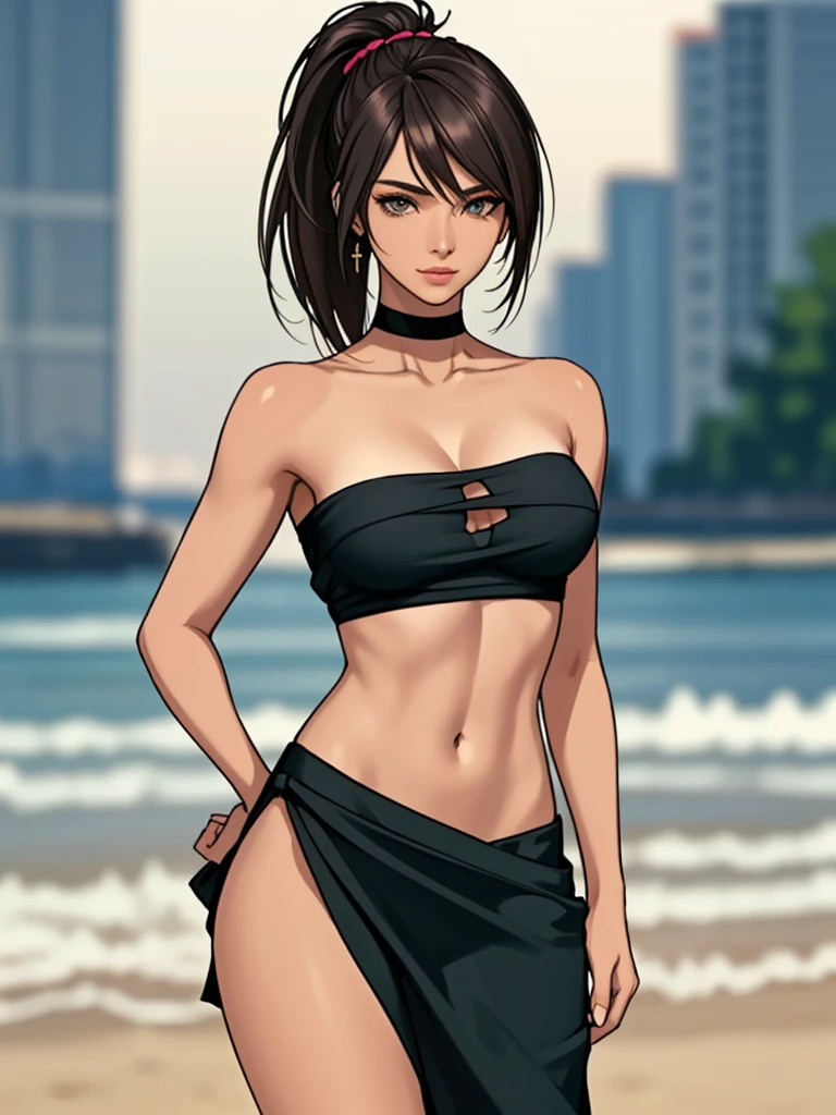 1 girl (Masterpiece, best quality, photorealistic, highres, photography:1.3), close-up portrait, sharp focus, 1 dark haired girls, European fashion models, flawless skin, slim feminine appearance, flat abdomen, slender abs, cleavage, messy hair, detailed hair strands, delicate sexy face, allure look, ((elegant girl, high society, detailed makeup, influencer, perfect skin)), outdoor fashion photoshoot, standing pose, ((realistic, ultra realistic, realism, realistic detail)), long black ponytail, hair between eyes, (tan skin, bronze skin) blue eyes, tan skin, abs