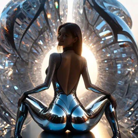 1girl, ass，sit astride， shiny legging， back view，Axisymmetric composition，blingbling， anatomically correct，future science fictio...