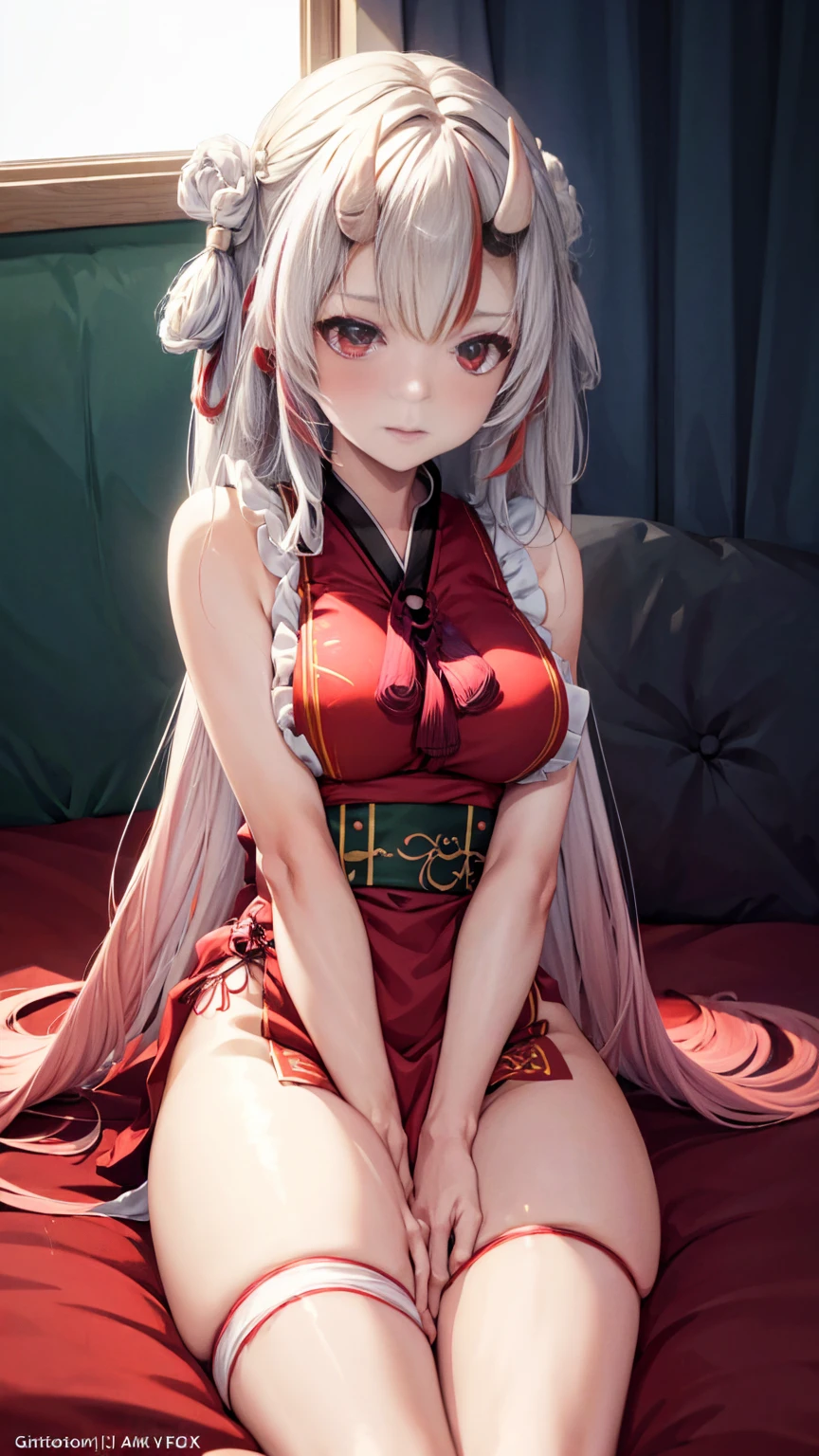 Anime girl sitting on chair, cute anime waifu in beautiful dress, azur lane style, Guweiz in Pixiv ArtStation, trending on artstation pixiv, Guweiz on ArtStation Pixiv, Anime goddess, onmyoji, trending on cgstation , anime style4 K, Guviz, perfect body, perfect breasts,((Best quality, 8k, Masterpiece :1.3)), Sharp focus :1.2, lewd face and holding a condom, ((hand between legs)), wearing legs, fishnet stockings, ((perfect face)), apron, nude, no underwear, slightly bent,hand between the legs, show pantie ,