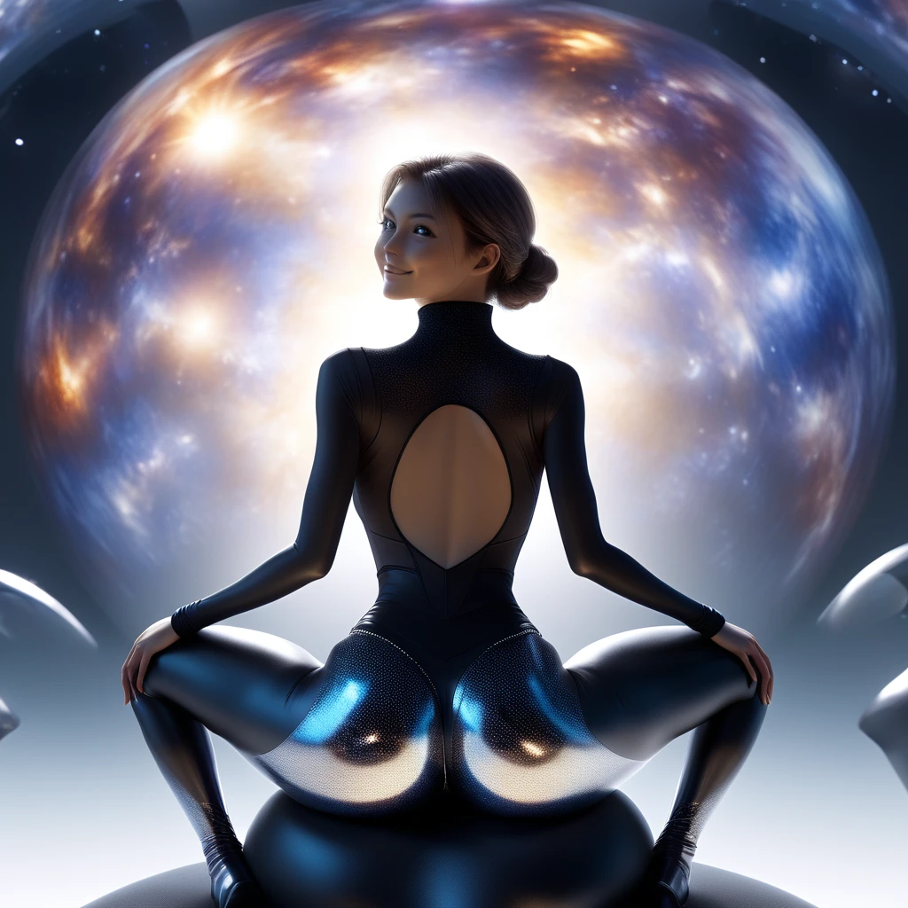 1girl, ass，Sitting astride a model planet， shiny legging， back view，Axisymmetric composition，Galaxy， anatomically correct，space background，Looking back and smiling，beautiful，(Best quality,4K,8K,A high resolution,Masterpiece:1.2), (Realistic,Photorealistic,photo-realistic:1.37),  BREAK Sun exposure, reverberation, Experimental photography, surreal contrast, Eye-catching visuals, Artistic abstraction, Break the art of cutting, layered silhouette, complex patterns, exquisite craftsmanship, shadow play, Depth and size, creative expression, break art, Frozen sculpture, translucent forms, short-lived beauty,  exquisite craftsmanship, impressive,  body glow，Glowing lines ，Backlight，Translucent，light particles