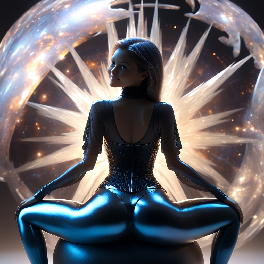 1girl, ass，Sitting astride a model planet， shiny legging， back view，Axisymmetric composition，Galaxy， anatomically correct，space background，Looking back and smiling，beautiful，(Best quality,4K,8K,A high resolution,Masterpiece:1.2), (Realistic,Photorealistic,photo-realistic:1.37),  BREAK Sun exposure, reverberation, Experimental photography, surreal contrast, Eye-catching visuals, Artistic abstraction, Break the art of cutting, layered silhouette, complex patterns, exquisite craftsmanship, shadow play, Depth and size, creative expression, break art, Frozen sculpture, translucent forms, short-lived beauty,  exquisite craftsmanship, impressive,  body glow，Glowing lines ，Backlight，Translucent，light particles