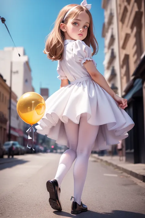 ((holding a ballon)), (((full body))), real photo, 10 years old girl, Brat female , ((looking back at me)), white tights wear, d...