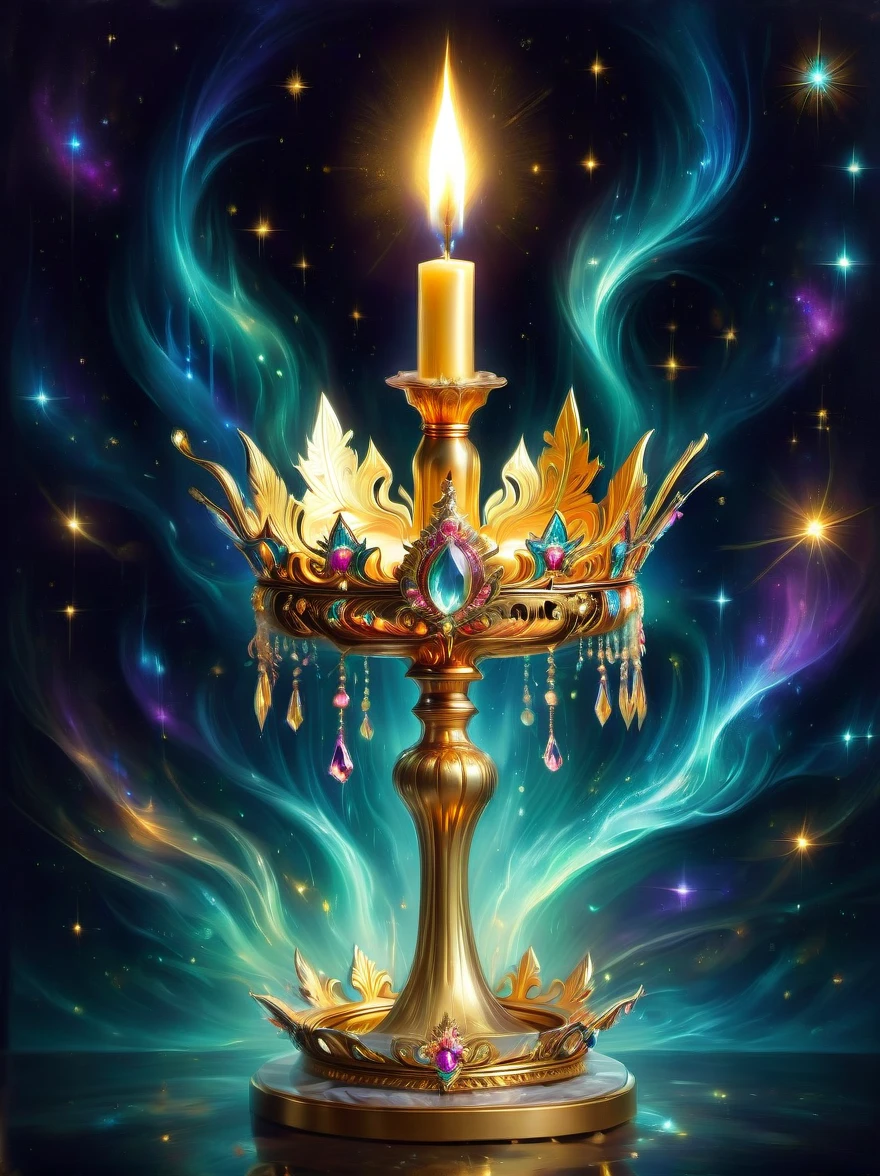 빈티지 스타일의 금박 아트 유화，절묘한 황금 촛대를 묘사합니다.，정교하고 화려한 금박 패턴이 주조되어 있습니다.，촛대 위에 조심스럽게 올려놓은 장엄한 촛대, (금속 크라운:1.5)，촛불에 보석이 반짝반짝 빛났어요.，왕관은 금으로 만들어졌는데，귀중한 보석으로 장식되어 있습니다.，촛불의 은은한 빛에 빛나는，금박등，금속 광택