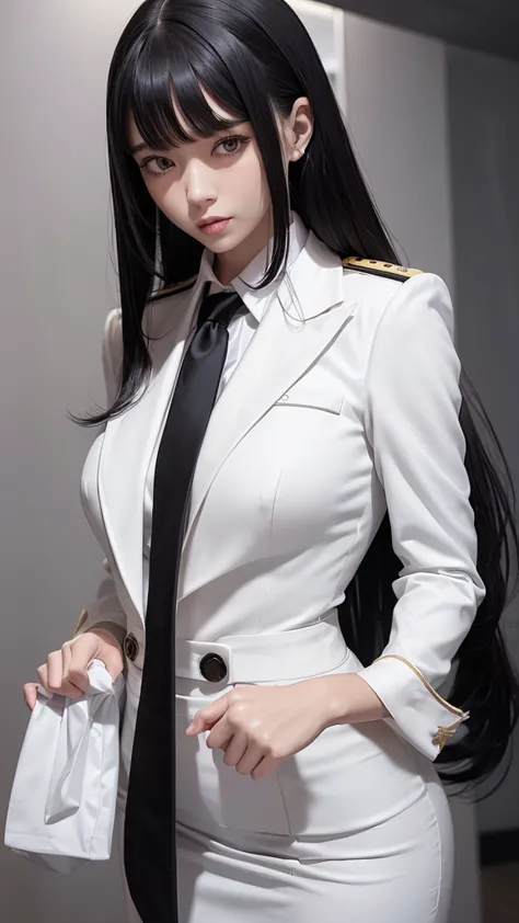 beautiful girl with two meter long hair, long black hair, wearing a white women&#39;s suit, wear a suit over the outside., (whit...