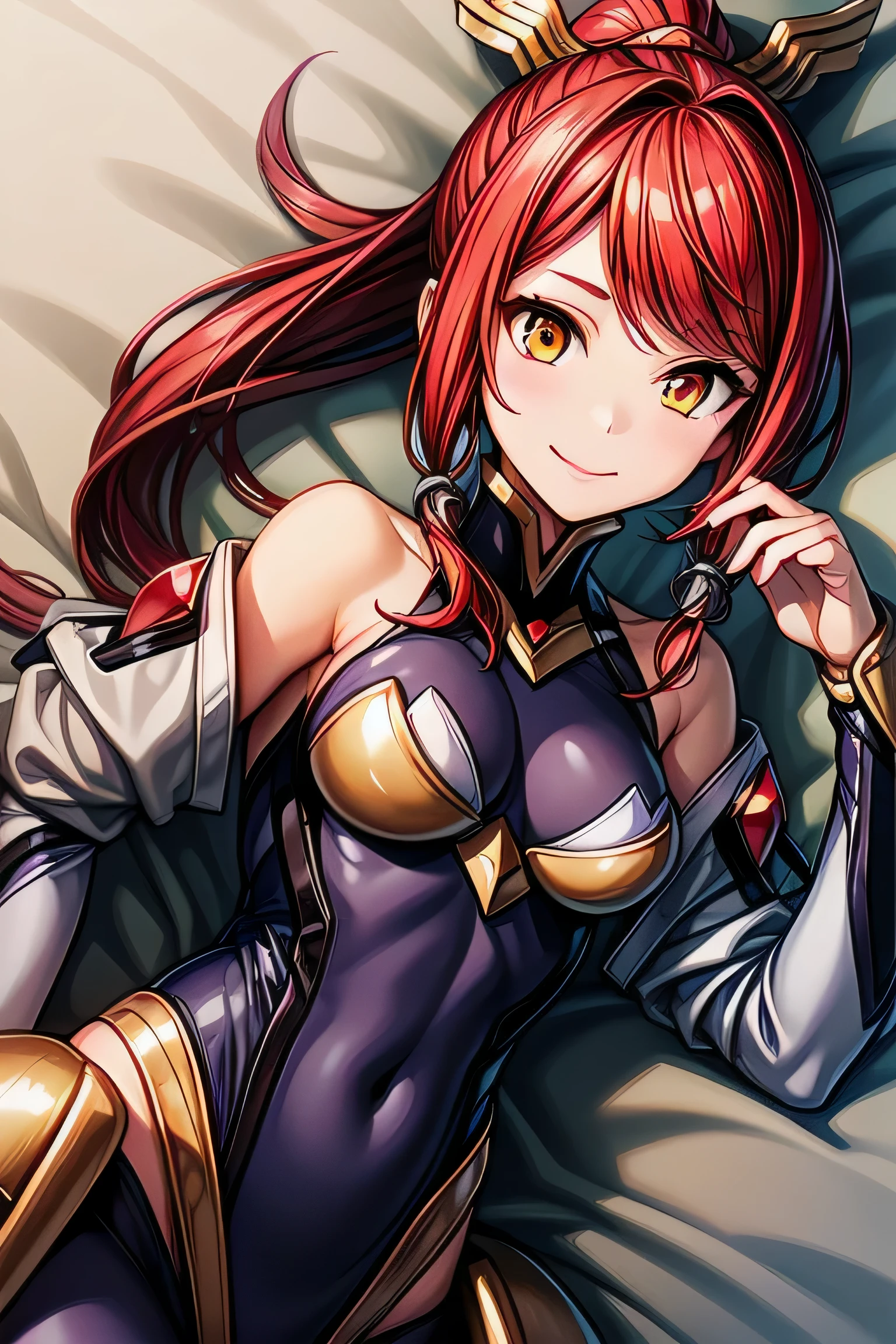 Izayoi (blazblue), orange eyes, red hair, ponytail, long hair, Small breasts, armor, bodysuit, boots, skin tight, skirt, thigh boots, thighhighs, 1girl, solo, facing viewer, looking at viewer, upper body, smile, lying down, lying on back 