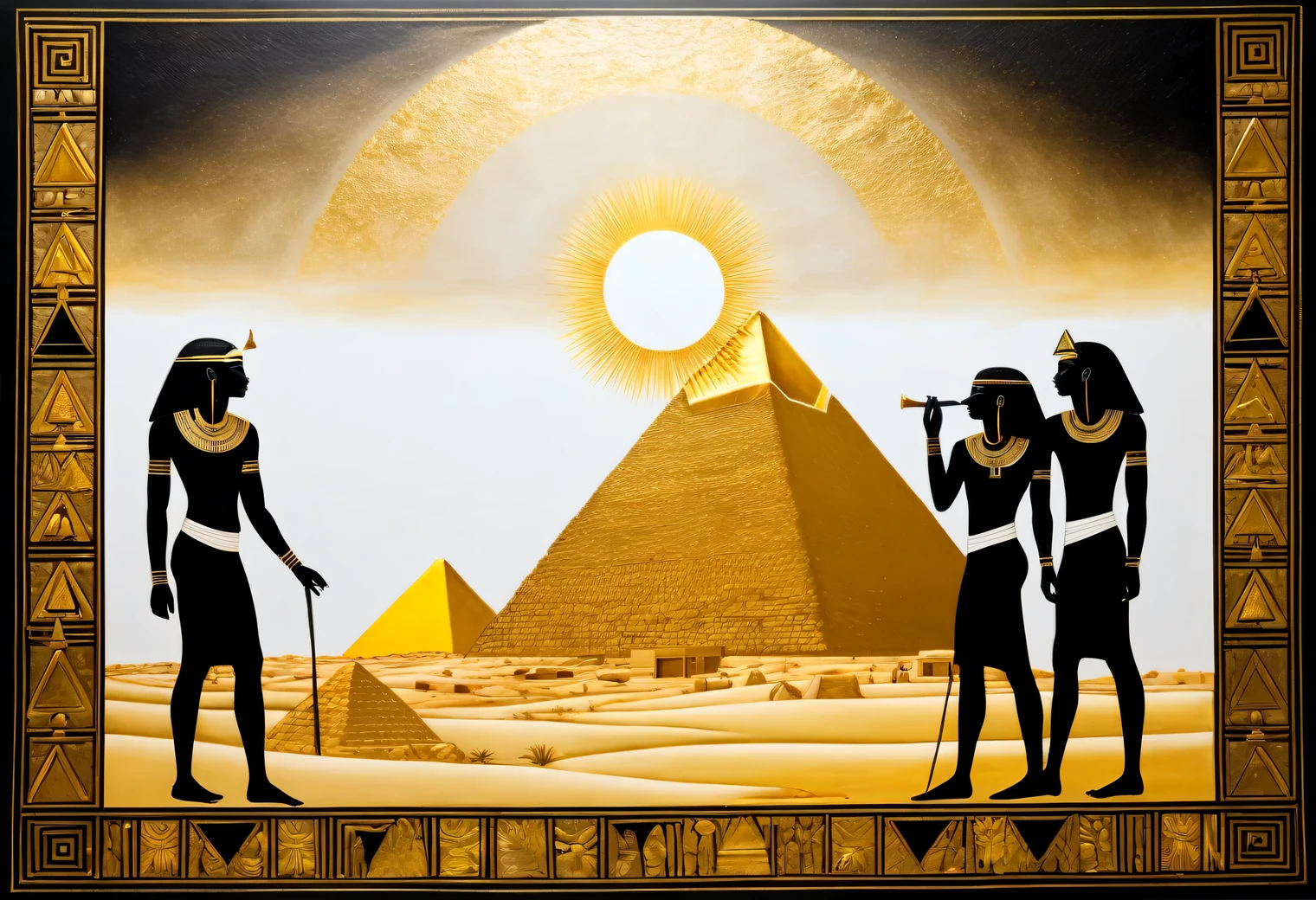 Gold Leaf Art, a unique painting painted in black graphite and gold leaf on a white background, depicts an ancient Egyptian landscape with black people worshipping the golden pyramid and the golden sun, white background, textured paper, masterpiece, masterwork, graphite and gold leaf, high definition