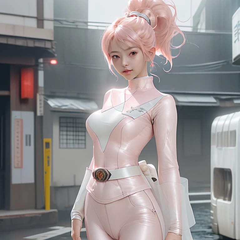 (highest quality、8K、32k、masterpiece、UHD:1.2、perfect body beauty:1.5、Wearing a pale pink and white metallic hero suit:1.8、rain、street、Cute 25 year old Japan woman、big and full breasts:1.5、ponytail、Upper body、front、simple background、looking at the viewer、dynamic pose:1.2、sunlight pours down、NSWF:1.2