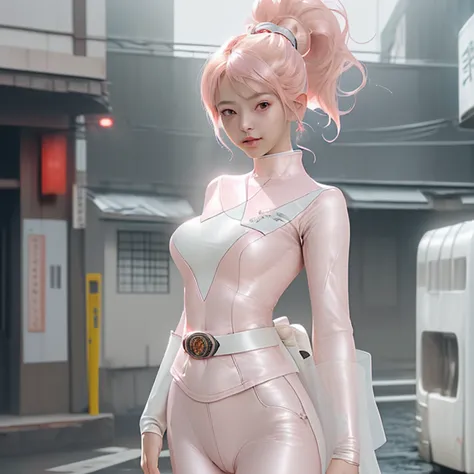 (highest quality、8K、32k、masterpiece、UHD:1.2、perfect body beauty:1.5、Wearing a pale pink and white metallic hero suit:1.8、rain、st...
