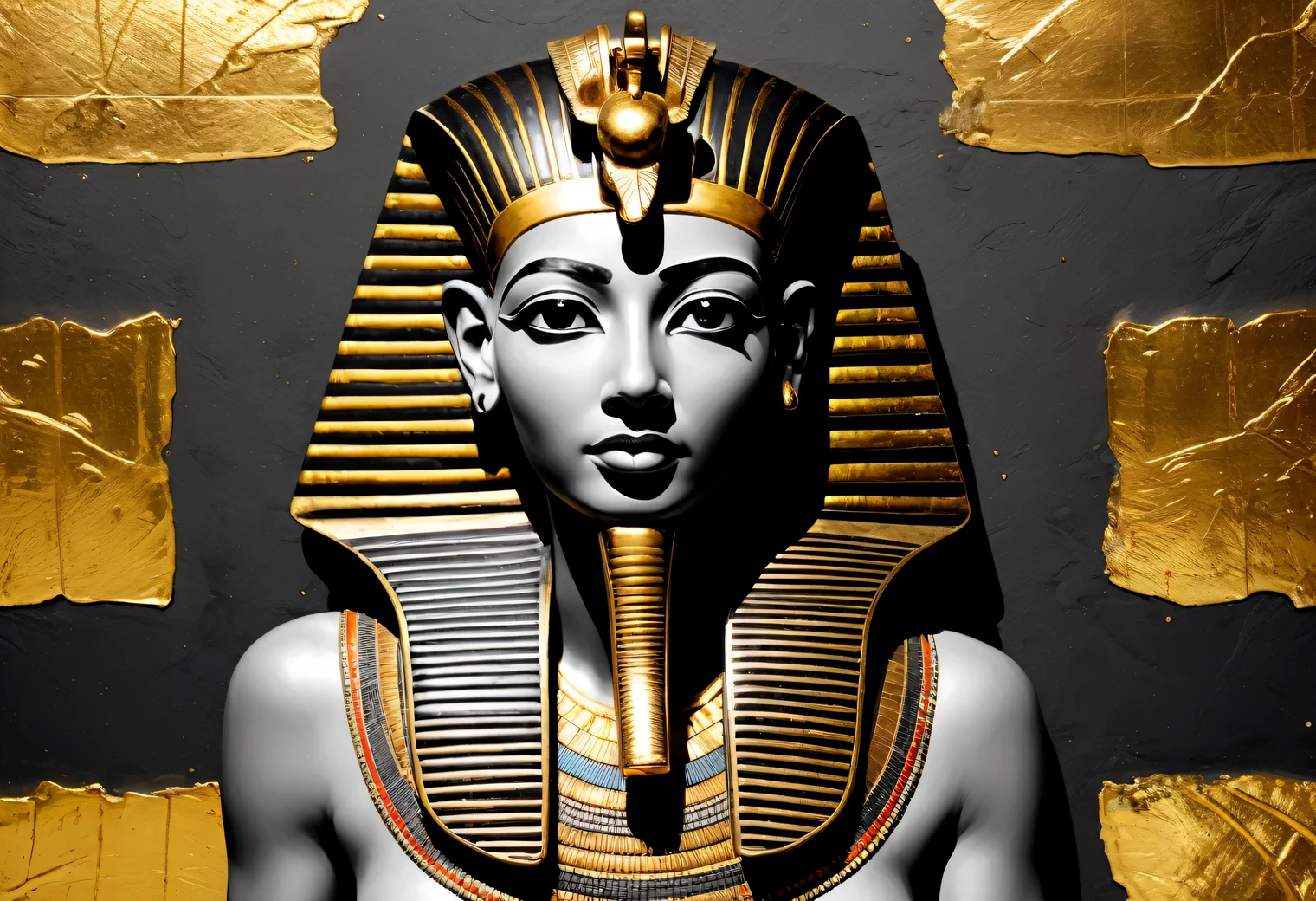 Gold Leaf Art, a unique painting painted in black graphite and gold leaf on a white background, depicts an ancient Egyptian landscape with black people worshipping the golden pyramid and the golden sun, white background, textured paper, masterpiece, masterwork, graphite and gold leaf, high definition