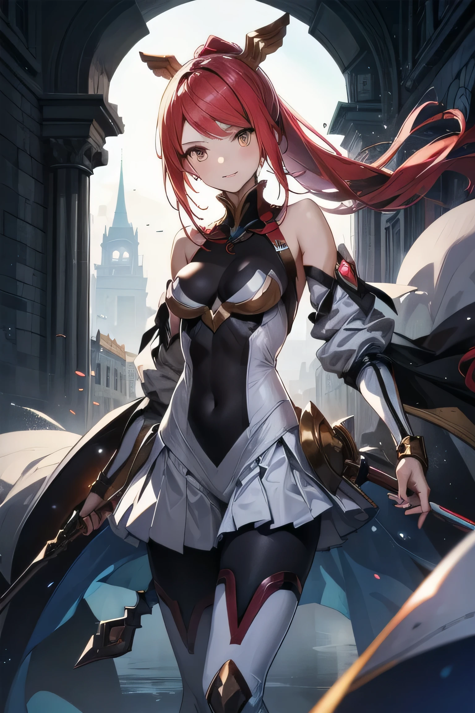 Izayoi (blazblue), orange eyes, red hair, ponytail, long hair, Small breasts, armor, bodysuit, boots, skin tight, skirt, thigh boots, thighhighs, 1girl, solo, facing viewer, looking at viewer, upper body, smile,
