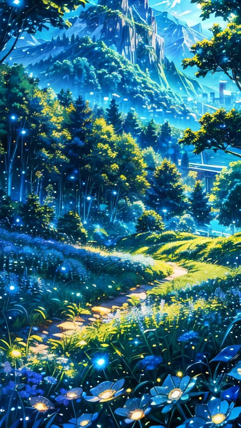 anime inspired greenery landscape alps with bright blue glass like sky shinning twinkling sparkling effect(bokeh effect) (fireflies)