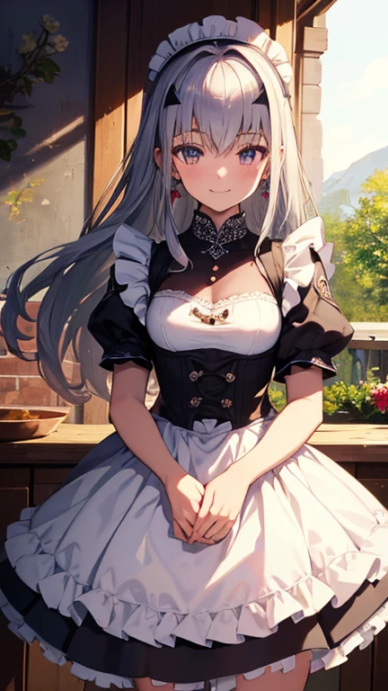 (highest quality, 8K, masterpiece, Super detailed:1.2), cinematic angle, Flowering steppe, shine, particles of light, garden, 1 girl, alone, maid, maid headdress, apron, arm, earrings, cute, smile, skirt lift,