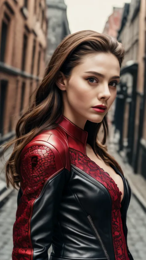 highly detailed female photos, lola elizabeth, scarlet witch, the avengers, wearing a black lace dress, open red leather jacket,...