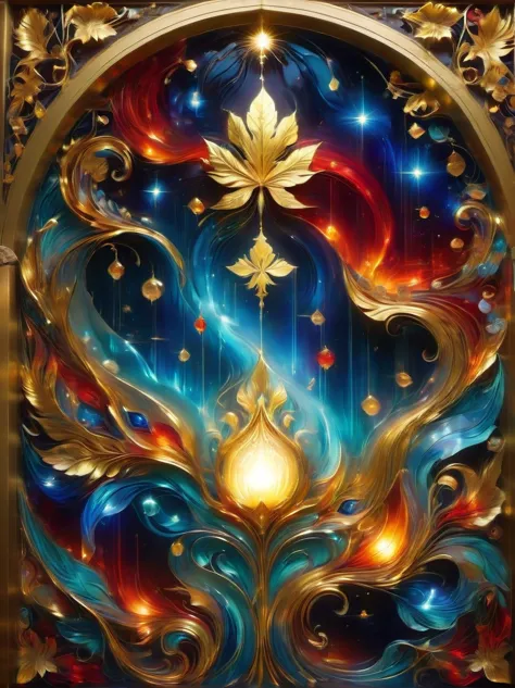 (Gold Leaf Art:1.6), Intricately designed gold leaf art glass windows，Full of red，blue，and golden hues，Gold leaf art brings reli...