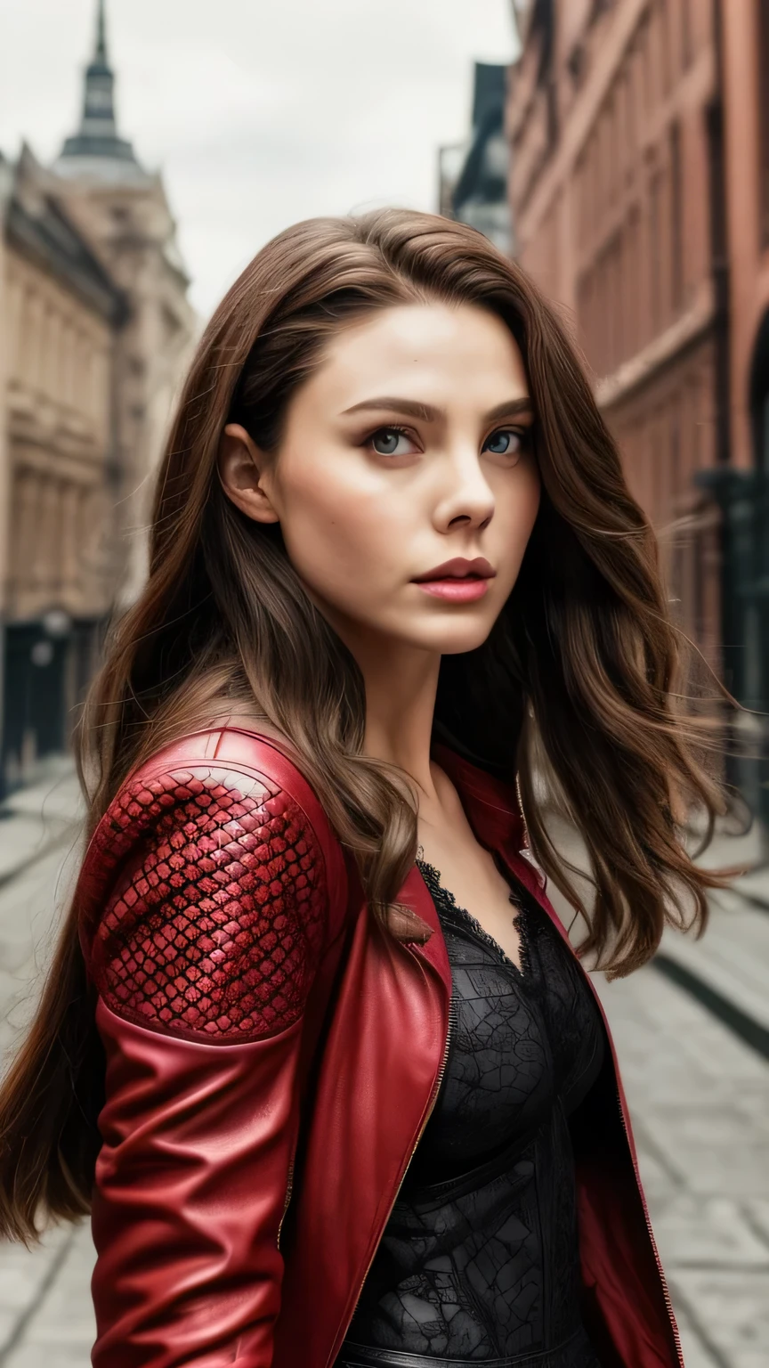 Highly detailed female photos, Lola Elizabeth, Scarlet Witch, the avengers, wearing a black lace dress, open red leather jacket, 8k uh, RAW photo, model photography, masterpiece, 最high quality, high quality, High resolution, ((close up of face))､(On a deserted city street)