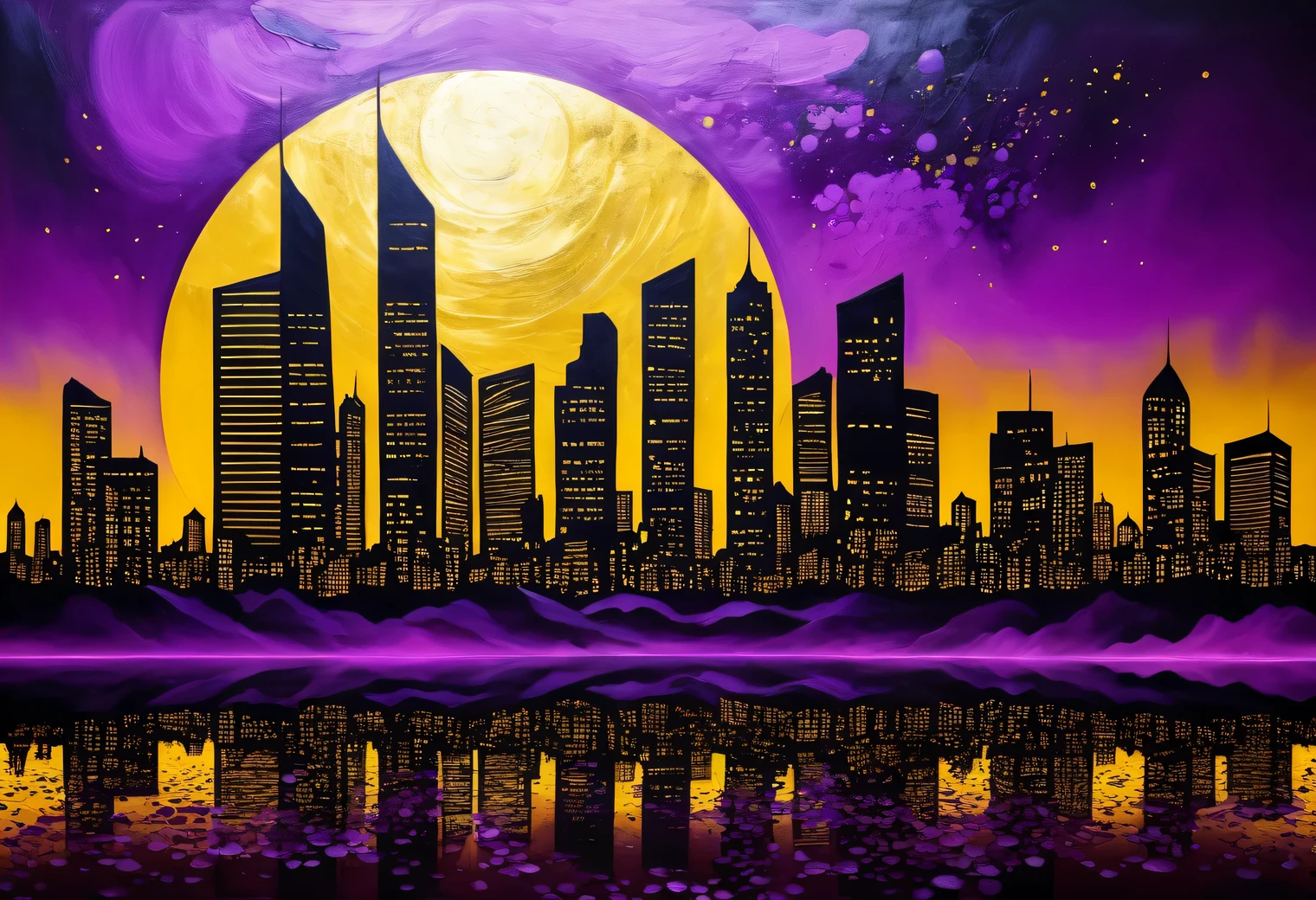 Landscapes of night megalopolises, a combination of black and gold leaf, purple background, painting on a purple background, golden lights of the night megalopolis, high definition, surrealism