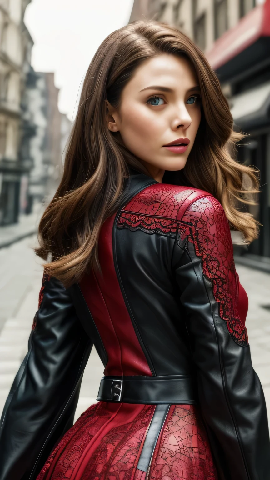 Highly detailed female photos, Lola Elizabeth, Scarlet Witch, the avengers, wearing a black lace dress, open red leather jacket, 8k uh, RAW photo, model photography, masterpiece, 最high quality, high quality, High resolution, ((close up of face))､(On a deserted city street)