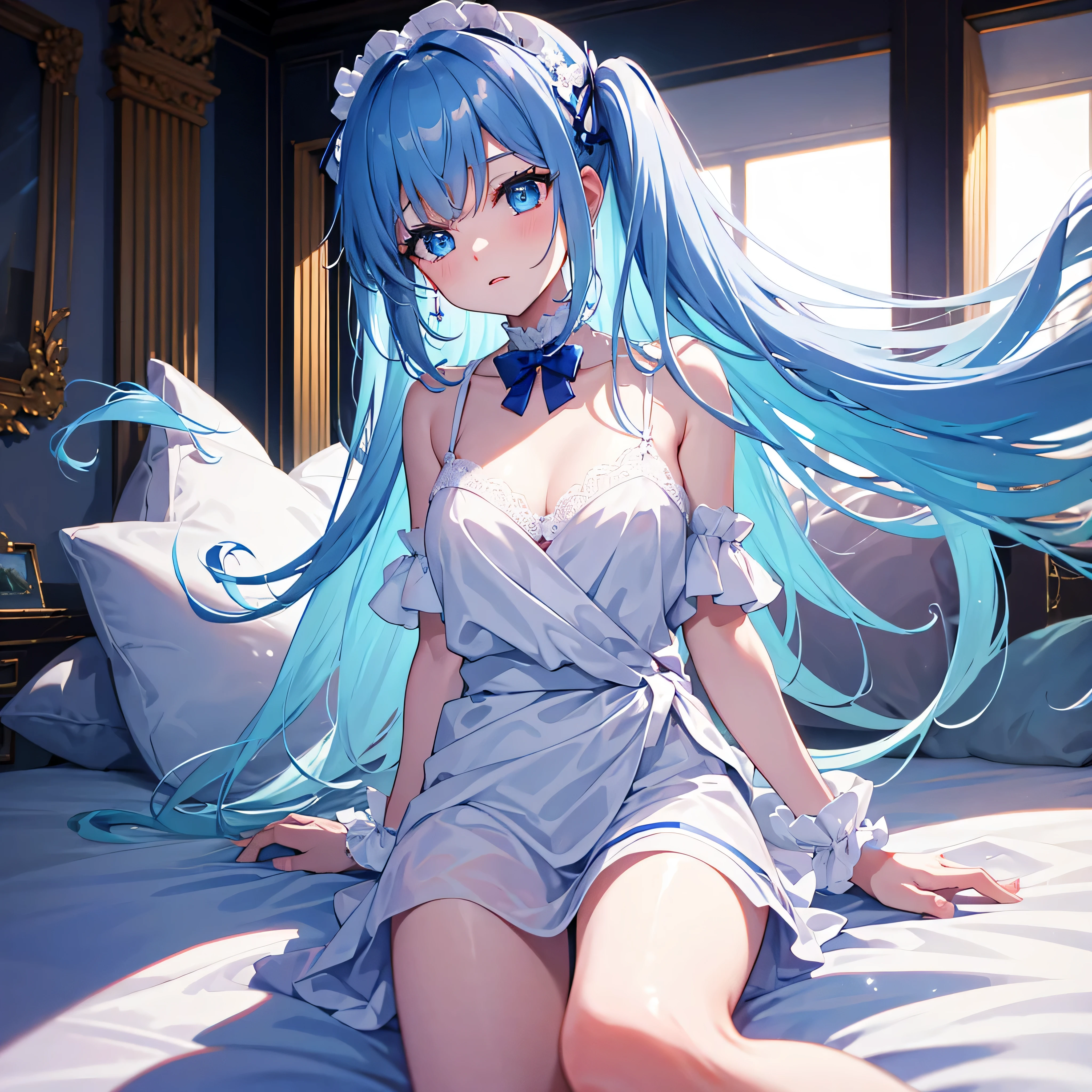 On a very large white bed, white pillows, White light, There is one girl, Sit on the bed, No clothes, White stockings, A blue bow is tied around the waist, There is a blue band on the wrist, blue color eyes, long  white hair, Delicate facial features, Beautiful and moving, (Vivid depiction), single braid, chromatic aberration, reflection light, UHD, masterpiece, super detail, high details, best quality