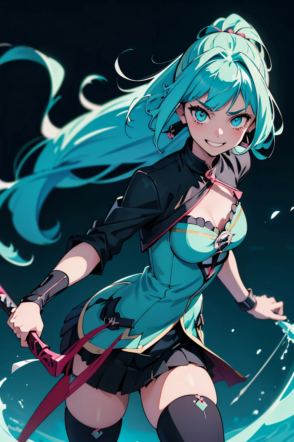 Anime girl with cyan hair and black clothes holding a split blade sword like a whip, she is slightly injured, having just come out of a fight, has an excited smile and a determined look, anime moe art style, art advanced digital anime, gothic maiden anime girl