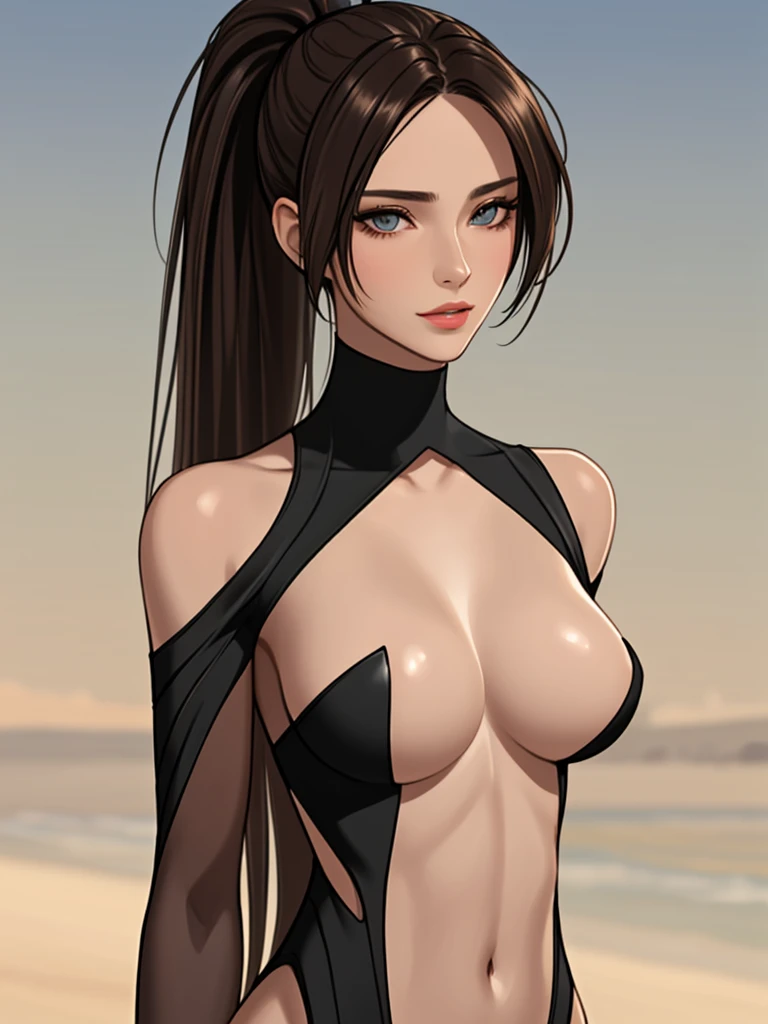 1 girl (Masterpiece, best quality, photorealistic, highres, photography:1.3), close-up portrait, sharp focus, 1 dark haired girls, European fashion models, flawless skin, slim feminine appearance, flat abdomen, slender abs, cleavage, messy hair, detailed hair strands, delicate sexy face, allure look, ((elegant girl, high society, detailed makeup, influencer, perfect skin)), outdoor fashion photoshoot, standing pose, ((realistic, ultra realistic, realism, realistic detail)), long black ponytail, hair between eyes, (tan skin, bronze skin) blue eyes, tan skin