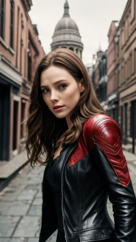 highly detailed female photos, lola elizabeth, scarlet witch, the avengers, wearing a black lace dress, open red leather jacket,...