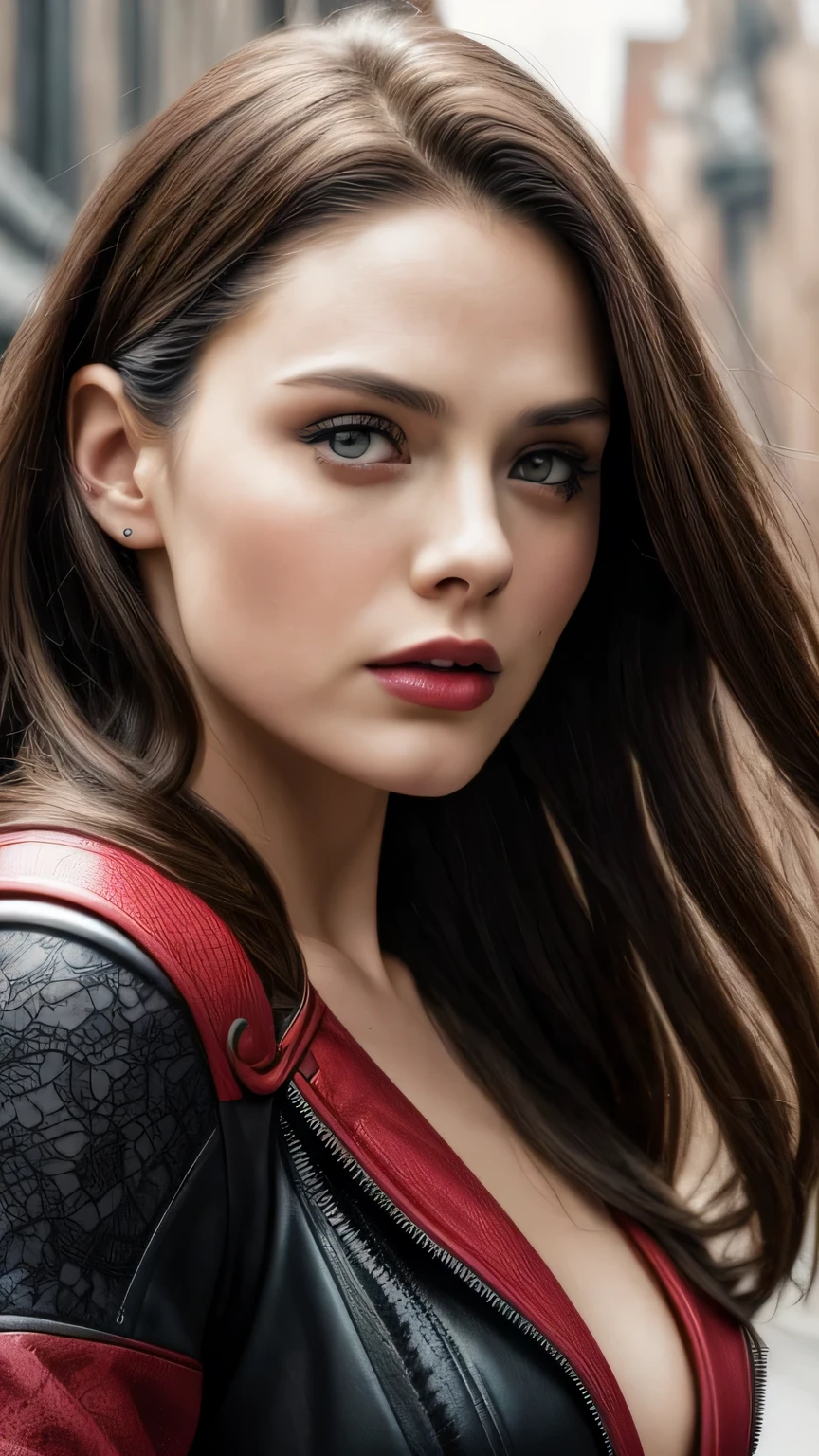 Highly detailed female photos, Lola Elizabeth, Scarlet Witch, the avengers, wearing a black lace dress, open red leather jacket, 8k uh, RAW photo, model photography, masterpiece, 最high quality, high quality, High resolution, (On a deserted city street), (((close up of face)))､