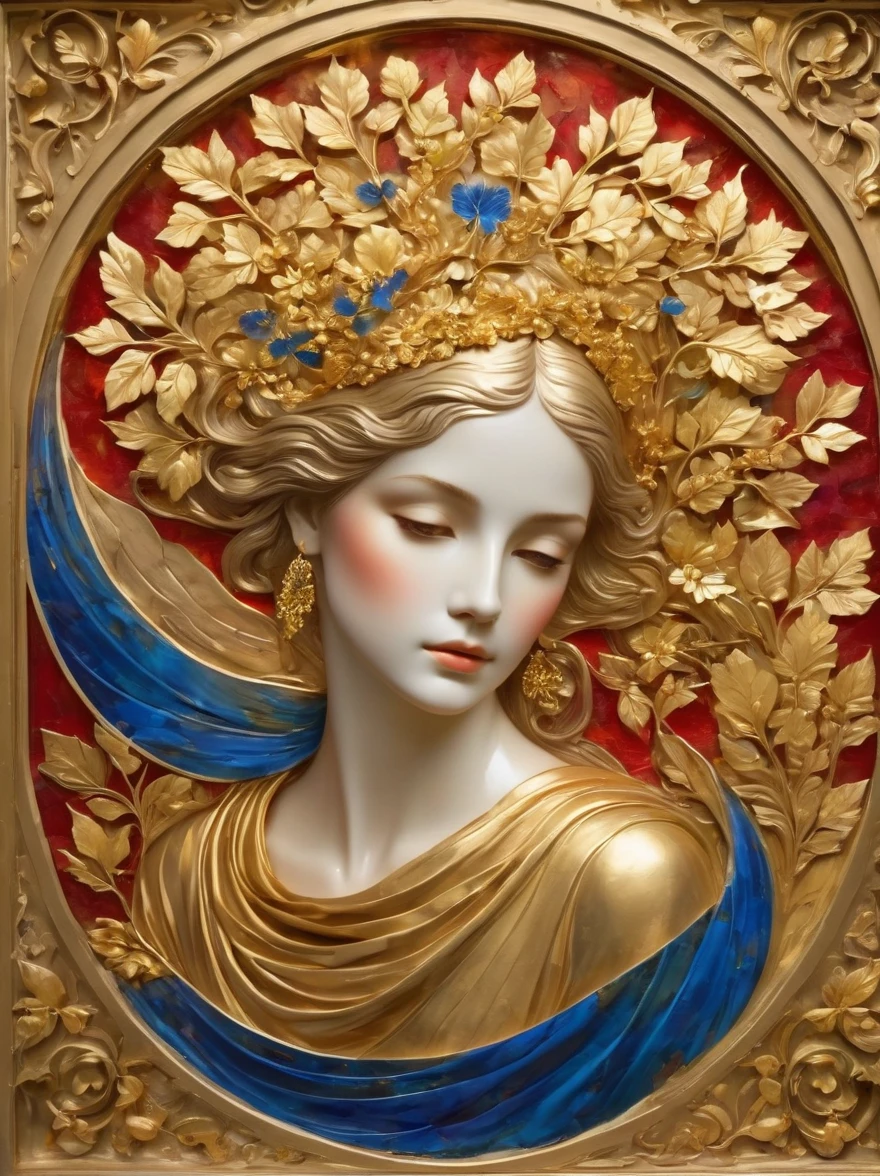 (Art de la feuille d&#39;or:1.6), Fenêtres en verre d&#39;art à la feuille d&#39;or au design complexe，Plein de rouge，bleu，et des teintes dorées，L’art de la feuille d’or donne vie à l’imagerie religieuse，Les fenêtres sont baignées d&#39;une douce lumière dorée，Créez une atmosphère éthérée autour，La présence de personnages et le délicat travail du pinceau rehaussent encore la beauté de la composition..