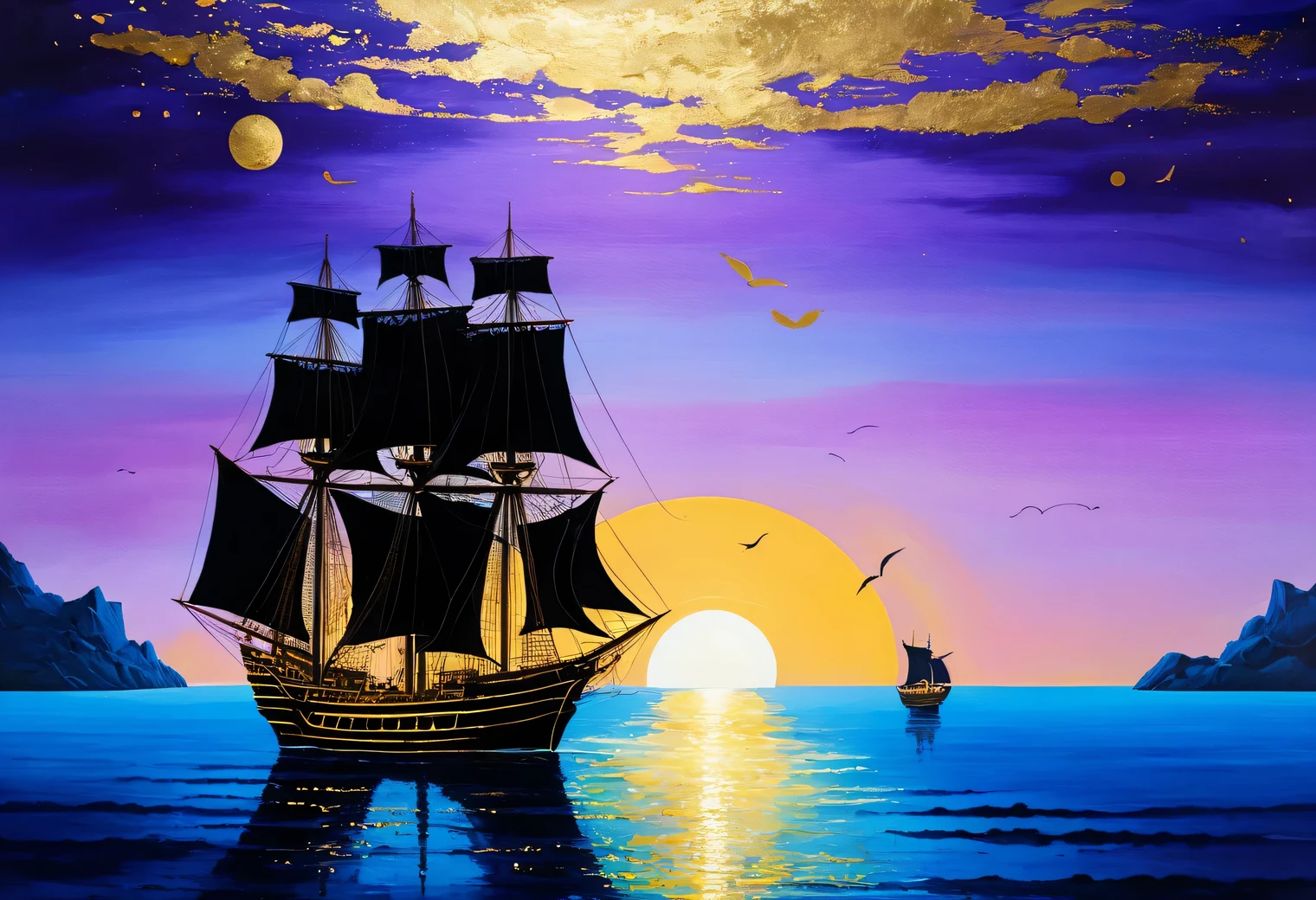 Seascape, combination of black and gold leaf, purple blue background, painting on a blue background, Golden sun in a light blue sky, ship with golden sails on a blue sea, high resolution, surrealismLandscapes of night megalopolises, a combination of black and gold leaf, purple background, painting on a purple background, golden lights of the night megalopolis, high definition, surrealism