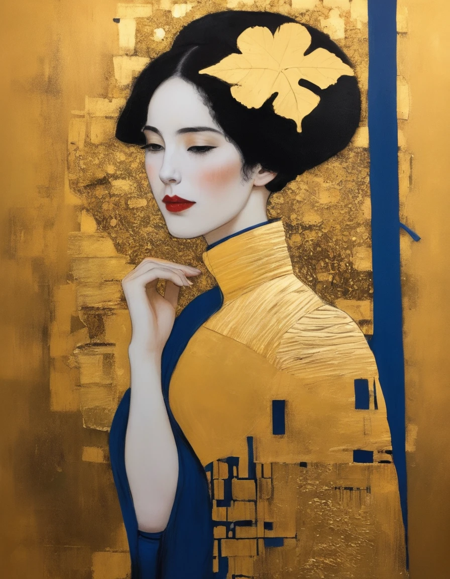 (Gold Leaf Art:1.6), ASCII art style, portrait, best quality, High resolution, Ultra-fine, (realism: 1.37), Character concept design, Hev Kahraman Style, Chinese Girl portrait, portrait of a Girl, The eye details are exquisite, Beautiful and delicate lips, Detailed face, long eyelashes, Fashionable urban clothing, Intermission, blue and orange, sharp focus, studio lighting，Stanley Donwood Style, Features, Ink Art, side view
