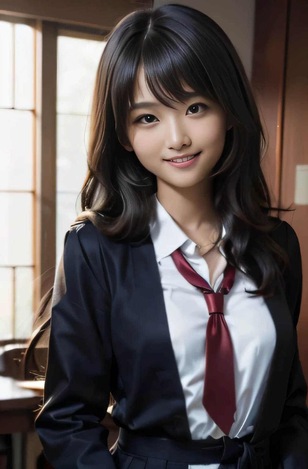 highest quality、shape、 Super detailed、finely、 High resolution、8k wallpaper、perfect dynamic composition shape、17 year old beautiful girl、A neat and mature high school girl、detailed beautiful face、detailed beautiful eyes、rough skin、A faint smile、small breasts、bold sexy pose、((high school girl uniform、long hair:1.4))、((looking at the viewer、smile))、((open chest shirt:1.3))、(((loose tie:1.4)))