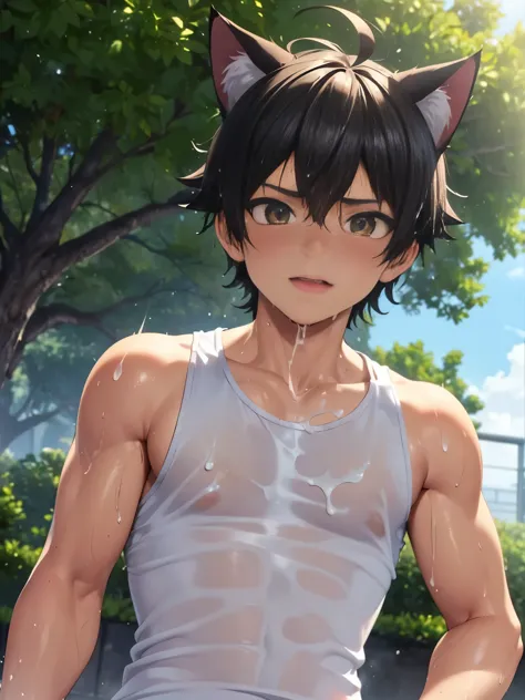 (masterpiece, 3D anime style, more detail, ultra detail), young cat boy, cat ear, tank top, chiseled abs, chiseled pecs, outdoor, excited, ((sweating, very wet, cum on face, cum on body, 12 yo))