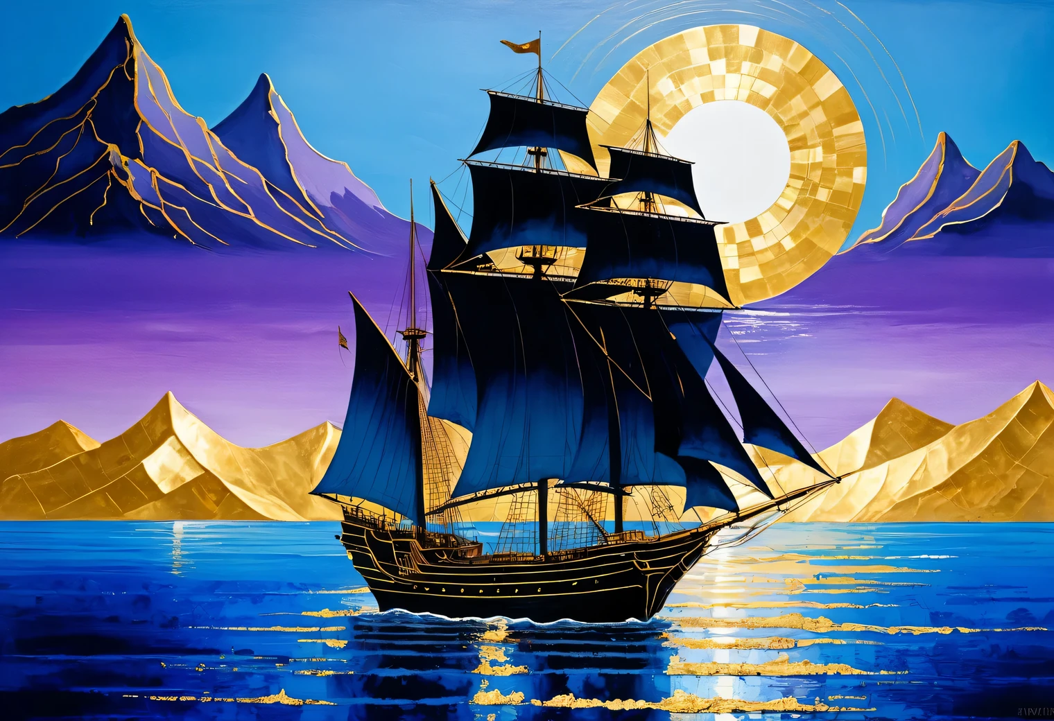Seascape, combination of black and gold leaf, purple blue background, painting on a blue background, Golden sun in a light blue sky, ship with golden sails on a blue sea, high resolution, surrealismLandscapes of night megalopolises, a combination of black and gold leaf, purple background, painting on a purple background, golden lights of the night megalopolis, high definition, surrealism