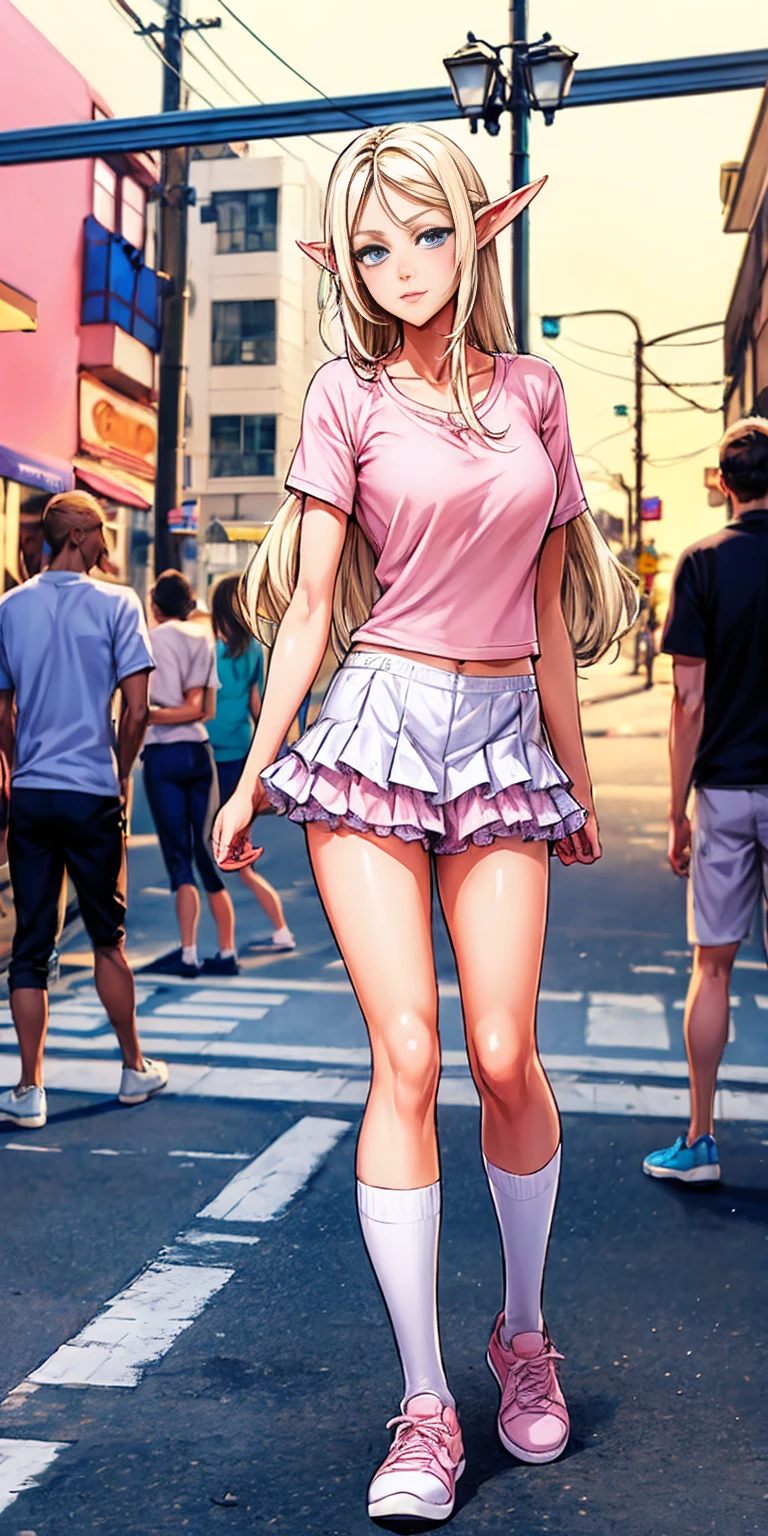 dark elf female, pirotess, full body, beautiful, (masterpiece:1.2), (best quality:1.2), Beautiful 10-year-old white girl with blue eyes, long swept-back straight blond hair, Happy), Pink and white frilly miniskirt, pink shirt, pink socks, white sneakers, California City background, daylight.