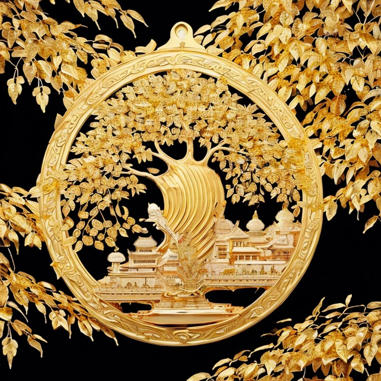 (Gold leaf art:1.5)，The black and gold-rimmed Bodhi tree fell from the sky, Dunhuang murals as background, minimalist, line art, From front and center to the ghostly smoke, Transition from entity to ghost, clever, strong yet calm, Rich in details, Psychedelic, extremely good, drama, Chinese ancient style, style, ink painting, fantasy, surreal, ethereal