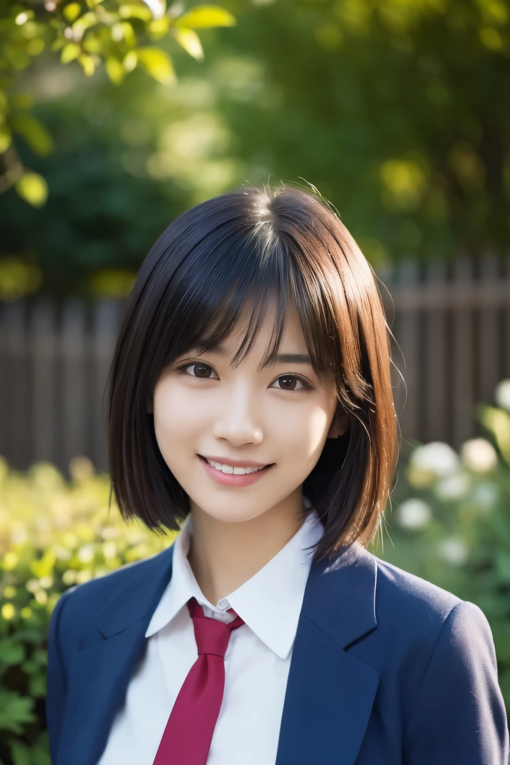 1 girl, (White collared shirt with long red tie, Navy Skirt, Navy blue jacket:1.2), Very beautiful Japanese idol portraits, 
(Raw photo, highest quality), (realistic, Photoreal:1.4), (masterpiece), 
very delicate and beautiful, very detailed, 2k wallpaper, wonderful, finely, very detailed CG Unity 8K 壁紙, Super detailed, High resolution, soft light, 
beautiful detailed girl, very detailed目と顔, beautifully detailed nose, finelyて美しい目, cinematic lighting, 
(in the garden:1.3),
(short hair), (parted bangs), 
complete anatomy, slender body, small breasts, smile