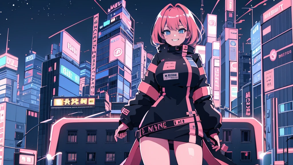 Best quality, (masterpiece:1.2), 1girl, night city wear, massive breast, perfect body, standing, smile, grinning expression, landscape is cyber punk city , at night ,pink hair